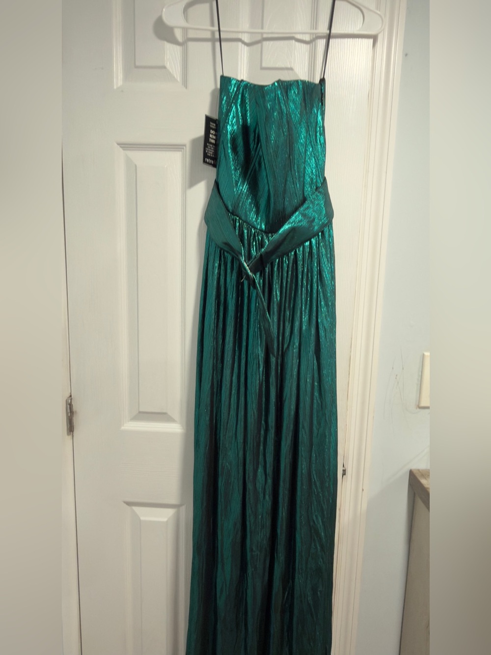 Retrofete Shimmery Emerald Strapless High-Slit Maxi Dress with Belt - Picture 12 of 15
